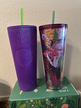Starbucks Purple Ribbed Cup & Iridescent Pink Mushroom Tumbler